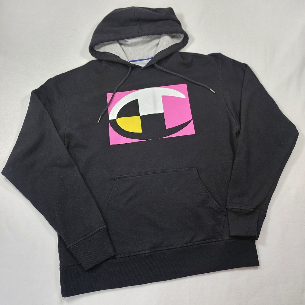 Champion Black Pink Colorblock Retro Neon Logo Hoodie Size‎ Lg